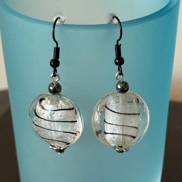 Jewelry - Lampwork Clear Glass Bead with Black Swirls Pierced Earrings